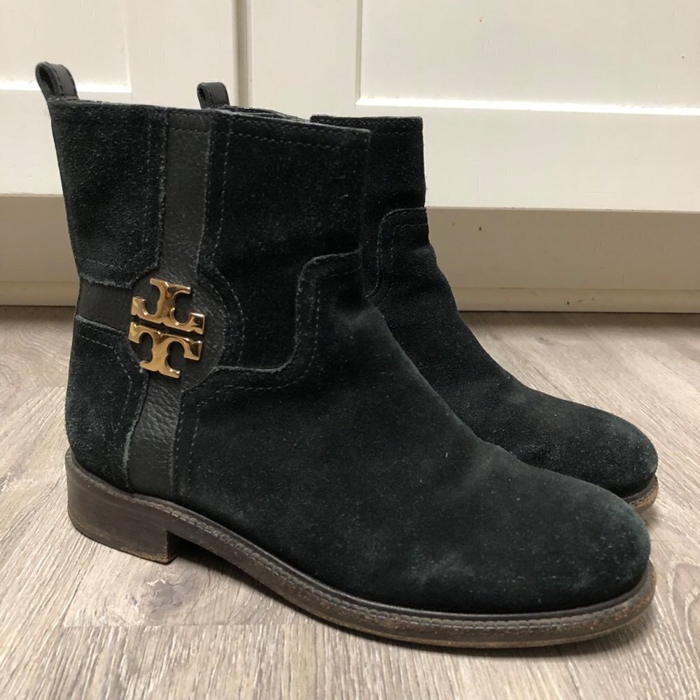 Tory Burch Women's Size 7 Alaina Ankle Boots Black Suede Leather Gold Logo Shoes